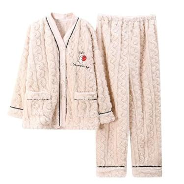 Imagem de LUBOSE Pijama feminino confortável, conjunto de pijama feminino, pijama de veludo coral feminino, pijama térmico feminino, dois conjuntos de pijama, Bege4, G
