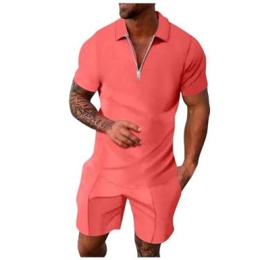 Imagem de Conjunto masculino 2024 de 2 peças, conjunto de camisa polo e shorts de manga curta com zíper, academia, treino, verão, Bronze 18, 3G
