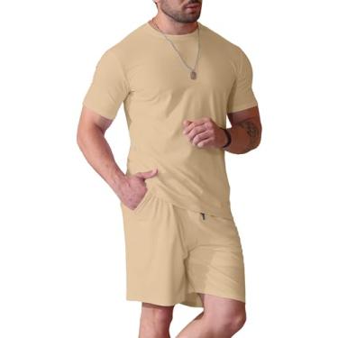 Imagem de Uni Clau Conjunto de 2 peças de short masculino de verão e camisa casual de manga curta, Caqui, M