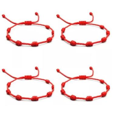 Imagem de Pulseira Vermelha kit c 4 pulseiras da Sorte 7 Nós | Amuleto da Kabbalah | Proteção contra o Mau-Olhado | Prosperidade | Ajustável |Unissex