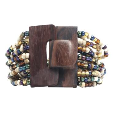 Imagem de Indomode® Pulseira Bali com 14 fios e contas de vidro cor óssea marrom cromado branco, One-Size, Vidro, Sem Pedra Preciosa