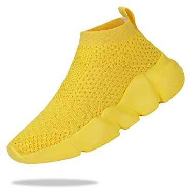 Imagem de Santiro Tênis infantil para meninos e meias respiráveis sem cadarço para meninas, moderno e leve, Amarelo, 4 Big Kid