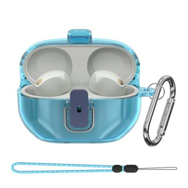 Imagem de POZCIS Capa para Sony WF-1000XM5, capa protetora de TPU transparente e macia, compatível apenas com Sony WF-1000XM5, capa de fones de ouvido com mosquetão e acessórios de cordão (azul claro)