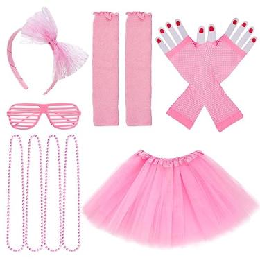 Imagem de jiebor Acessórios de fantasia dos anos 80, roupas para meninas, crianças, saia tutu, polainas, luvas arrastão de vidro, faixa de cabeça, colar rosa, rosa, One Size
