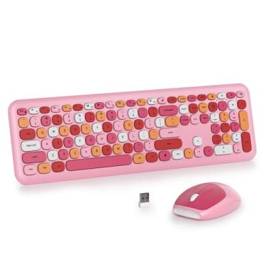 Imagem de iRoboosta Conjunto de teclado e mouse sem fio colorido rosa, teclado de máquina de escrever retrô de 2,4 GHz, teclado fofo de tamanho completo com teclado numérico, teclados silenciosos para casa e