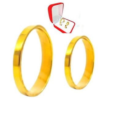 Imagem de Par Alianças Reta Ouro 18k 3mm Banhada Casamento  Casal Noivos Noivado