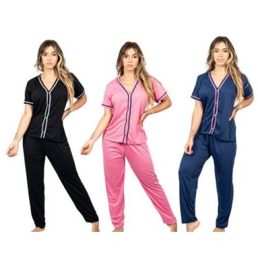 Imagem de Kit 3 Pijamas Femininos Longo Outono Meia Manga Aberto Botões Blogueir