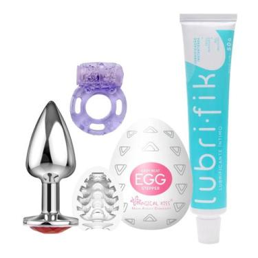 Imagem de Kit Com Plug Anal P + Egg + Anel Estimulador + Lubrifik Lubrificante -