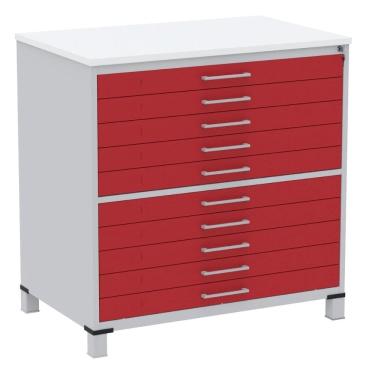Imagem de Mapoteca 10 Gavetas Pandin 120cm (Larg) Inmetro Tampo MDP Branco Estrutura Aço Cinza Gaveta Vermelha