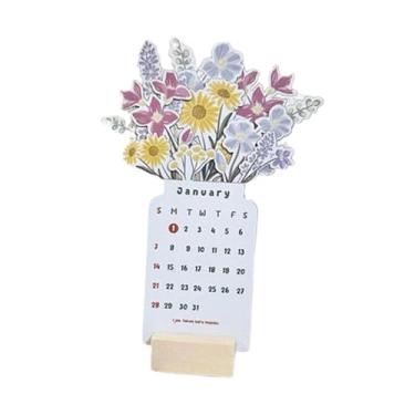 Imagem de Esquirla Calendário de mesa Bloomy Flowers 2025, calendário de mesa 2025, acessórios de mesa em pé com base de madeira para planejador, festa, festivo, Branco 22x10cm