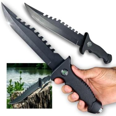 Imagem de 2 Facas Resistentes com Bússola – Perfeitas para Camping e Trilhas, Lâmina Afiada com Serra, Cabo Emborrachado, Quebra-Vidro, Kit Tático Ideal para Sobrevivência, Aventura e Pesca.