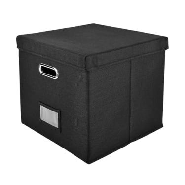 Imagem de Caixa de armazenamento de discos de vinil, 32,99 x 32,99 x 32,99 cm, armazenamento de álbum para discos de vinil, organizador decorativo de linho com tampa, empilhável e dobrável (cor: preto)