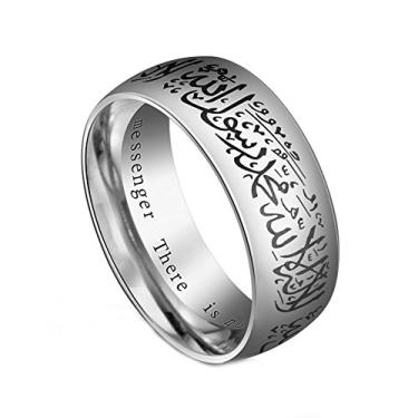Imagem de JAJAFOOK Anel unissex de aço inoxidável prata de 8 mm Shahada Allah, islâmico, muçulmano religioso, muçulmano para anéis, Aço inoxidável, prata, Sem pedra preciosa