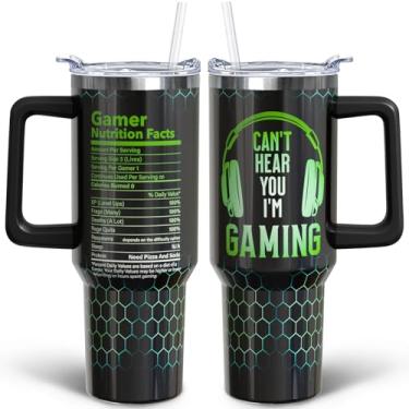 Imagem de puhnhsv Copo para jogos de 1,134 g com alça e canudo, copo de aço inoxidável isolado para jogos de 850 g canecas de café para viagem, garrafa de água, presentes para homens e meninos