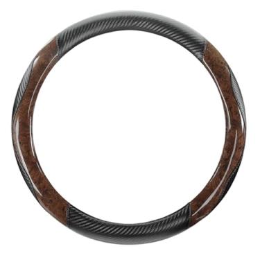 Imagem de Muamos Capa de volante de grão de madeira capas de volante de carro de carbono 36,5 cm com porta-copos de microfibra couro emenda respirável antiderrapante durável universal protetor de volante