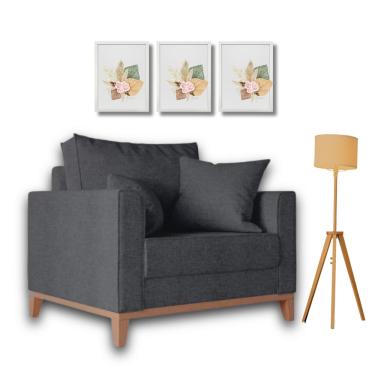 Imagem de  Poltrona Beny Individual em Linho, Base em Madeira, Com 2 Almofadas