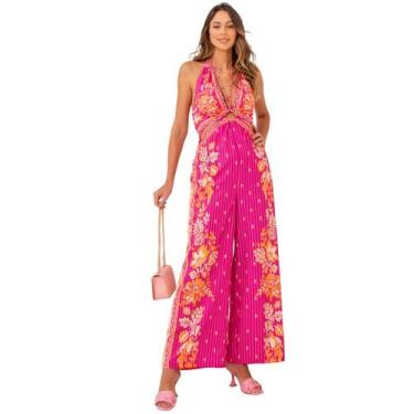 Imagem de Macacão feminino gola halter decote profundo estampa tropical - Sml Fa