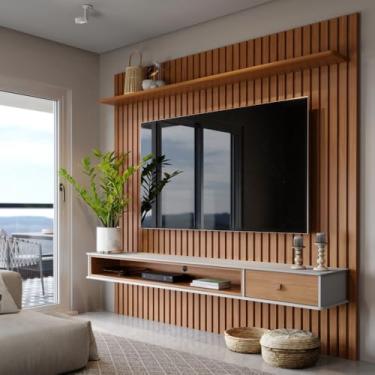 Imagem de Painel Ripado Suspenso Luxo Para Tv Até 60 Polegadas 2,20x1,60m Com Gaveta E Prateleira Sofisticado Premium Sala E Quarto Rack Moderno Nicho Completo Cor Nature