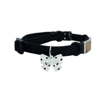 Imagem de Coleira de gato para animais de estimação com laço de sino, coleira de cachorro pequeno estilo coreano bonito e bonito com nome gravado para evitar perdas (preto 【Pode ser gravado】, M)