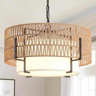 Imagem de SupMaka Lustre Boho De Rattan, Luminária Pendente De Rattan De 19,7" Com Cúpula De Tecido, Luminária De Teto Com 4 Luzes Em Estilo Fazenda Para Sala De Jantar, Sala De Estar, Quarto, Ilha De Cozinh