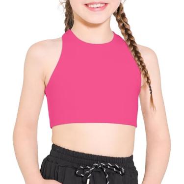 Imagem de Hvididan Sutiã esportivo com gola redonda para meninas e crianças, com tiras, dança nas costas, ioga, cropped, Vermelho rosa, 7-8 Anos