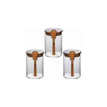 Imagem de kit 3 Pote de Vidro com Tampa de Bambu e Colher 450 ml Hermético para Condimentos e Especiarias