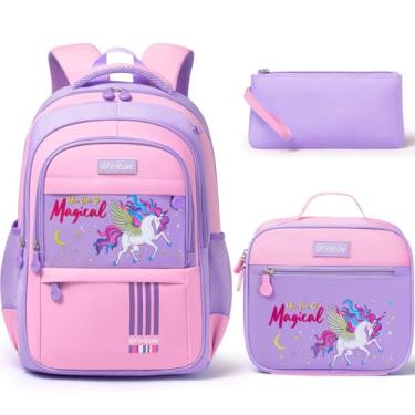 Imagem de Fimibuke Mochila Infantil Para Meninas Em Idade Escolar - Conjunto De 3 Peças À Prova D'Água Adolescentes Com Lancheira E Estojo Lápis, Bolsa, Jardim Infância, Ensino Fundamental Médio, 5+ (Unicórni