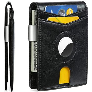 Imagem de Huztencor Carteira Airtag, Fina Masculina Com Prendedor De Dinheiro, Bloqueio Rfid, Capa Dupla Para Cartão Crédito Apple Air Tag, Preta, Óleo