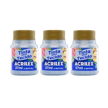 Imagem de Kit Com 3 Tintas para Tecido com Glitter Acrilex 37ml – Brilho Intenso, Alta Cobertura e Fixação a Frio para Suas Criações acabamento cintilante, alta cobertura e durabilidade superior, sendo ideais para customização de roupas, acessórios, peças decorativas e projetos artísticos em geral. (Prata 202
