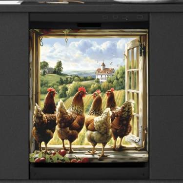 Imagem de Capa magnética para lava-louças, galinha, galo, galo, frango, painel, decalque, reutilizável, decorativo, máquina de lavar, geladeira, adesivo magnético, aparável, decoração de cozinha, protetor de