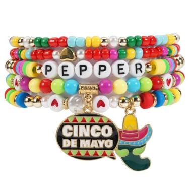 Imagem de Lonext Cinco de Mayo Pulseira de contas empilhável Mexicana Fiesta Pulseira elástica Natal Sombrero Pimenta Pimenta Pinata Festiva Pulseiras Berloques, One Size, Argila, Sem Pedra Preciosa