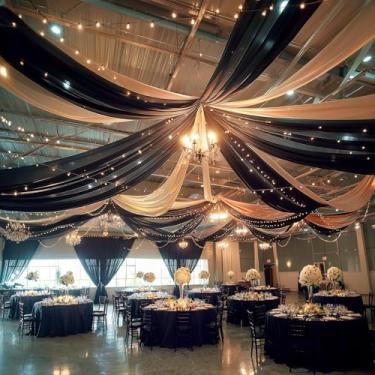Imagem de 6 painéis, cortinas de teto pretas com luzes para casamentos, cortina de barraca 1,5 m x 6 m, cortinas transparentes para fotos de casamento, cortinas de teto, decorações de casamento para cerimônias