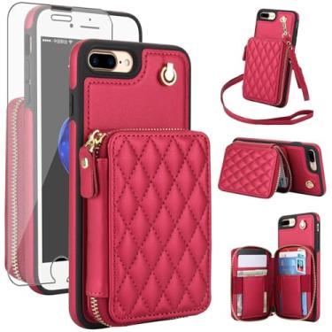 Imagem de Capa de celular para iPhone 7 Plus, 8 Plus, 7/8 Plus, capa de celular com protetor de tela de vidro temperado, alça transversal para pulso, bloqueio de RFID, suporte para cartão i Phone7s 7s + 7+ 8s 8