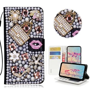 Imagem de STENES Capa carteira brilhante para celular compatível com iPhone 16 Pro Max - Elegante - Bolsa feminina sexy feita à mão 3D com lábios, carteira magnética com suporte para meninas e mulheres - Rosa