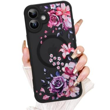 Imagem de AIGOMARA Capa para iPhone 16 Plus, compatível com MagSafe, linda flor de lírio rosa com capa de telefone fosca semitransparente para mulheres Gilrs TPU macio e PC capa protetora traseira fina roxa