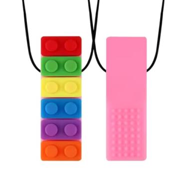 Imagem de Colar Mordedor Sensorial de Silicone para Alívio da Ansiedade Anti Estresse Autismo Mastigar Brinquedos com Cordão Crianças e Adultos Autistas Chaveiro Lego Bolinha Colorido Base Rosa (Fundo Rosa)