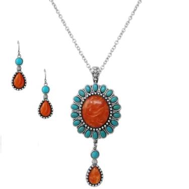 Imagem de Rosemarie & Jubalee Conjunto de brincos femininos com pingente de concho de pedra howlita turquesa cornalina simulada estilo ocidental estilo ocidental, 45,7 cm + 7,6 cm extensor, One Size, Liga