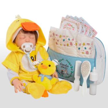 Imagem de Bebê Reborn Patinho com Bolsa Azul e Fraldas Cabelo Realista - Cegonha