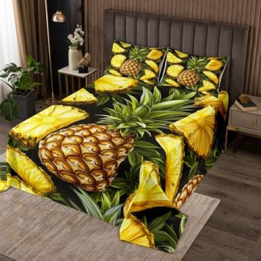 Imagem de Manfei Lindo conjunto de colcha de abacaxi, 2 peças, colcha acolchoada com estampa de abacaxi amarelo com 1 fronha, decoração de quarto de crianças e adolescentes, colcha de cama macia