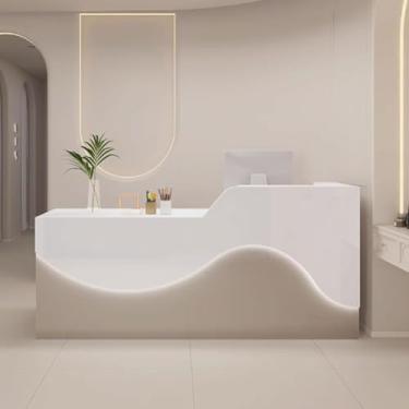 Imagem de Mesa De Recepção Com Balcão Balcão De Recepção Balcão De Recepção Mesa De Balcão De Escritório Em Madeira De Engenharia Com Iluminação Suave E Relaxante, Beige, 130cm