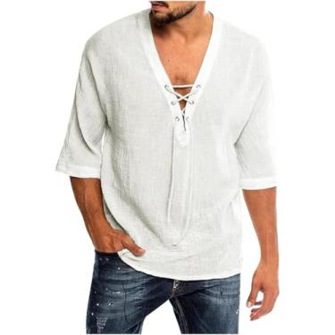 Imagem de Hjkogh Camisas De Linho Retrô Verão Meia Manga Camisa De Cor Sólida Masculina Solta Blusa De Botão Respirável Camisas Streetwear Masculinas, C, XXXL code