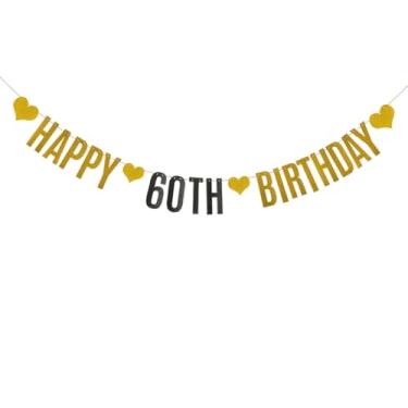 Imagem de HAPPY Banner de aniversário de 60 anos, pré-amarrado, decorações de festa com glitter de papel dourado para festas de 60 anos, letras douradas ZHAOFEIHN