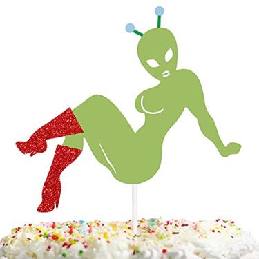 Imagem de Green Glitter Baby Shower Cake Topper Space Beauty Alien War Theme Decor Supplies Lady Woman Girl Happy Birthday Party Decorations