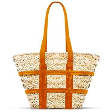 Imagem de QTKJ Bolsa de praia feminina, bolsa de couro costurado, bolsas tecidas à mão de grande capacidade, bolsa de ombro de palha adequada para férias e viagens diárias (cáqui)