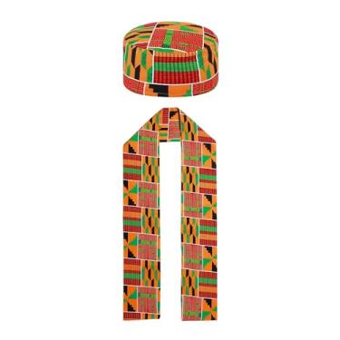 Imagem de Kente nyama 2 peças de chapéu Kufi com estampa africana Kente e faixa de estola com estampa africana Kente para história negra africana