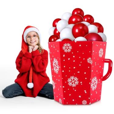 Imagem de Gejoy Caneca de cacau quente 3D de Natal e inverno de 71 cm com recorte de papelão vermelho e branco em pé com balões caneca grande de cacau quente, adereços para fotos, colírios, decorações para