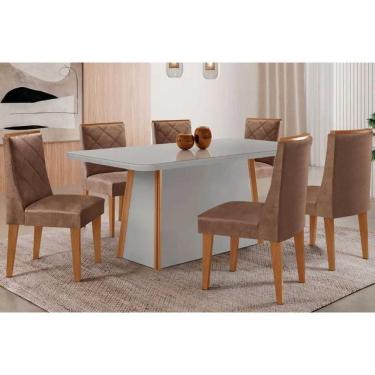 Imagem de Conjunto Sala de Jantar Tilia c/ Tampo Madeirado c/ Vidro Canto Curvo 180x90cm e 6 Cadeiras Pietá Madeira Maciça Naturale/Off White - Capuccino/Corano