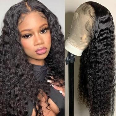 Imagem de Peruca frontal de renda encaracolada profunda pré-arrancada 33 x 10 perucas de cabelo humano 100% cabelo humano virgem 220% densidade peruca ondulada molhada e ondulada com cabelo de bebê preto