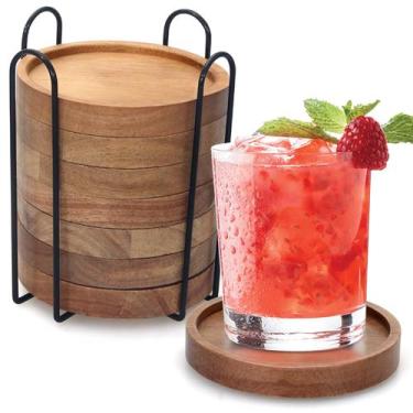 Imagem de Conjunto de porta-copos Renawe Rustic Wooden Acacia Wood com suporte x