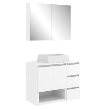 Imagem de Conjunto Gabinete de Banheiro 80cm Vitória com Espelheira e Cuba Branca MDP Faema